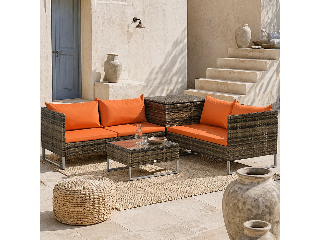 Vemato 4 Seater Rattan Garden Sofa Set with Storage Table Mixed Brown and Orange