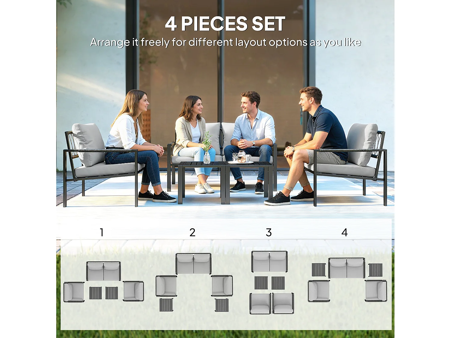 Cosneri 4 Seater Garden Sofa Set Light Grey with 2 Coffee Tables