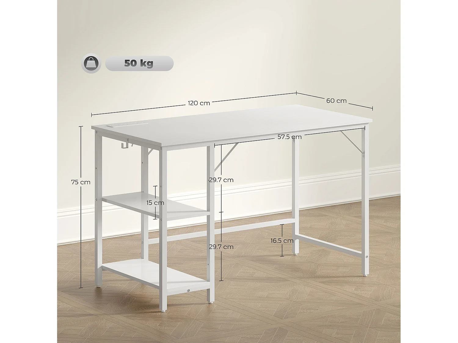 Vima 120cm White Home Office Desk with Integrated Power Sockets