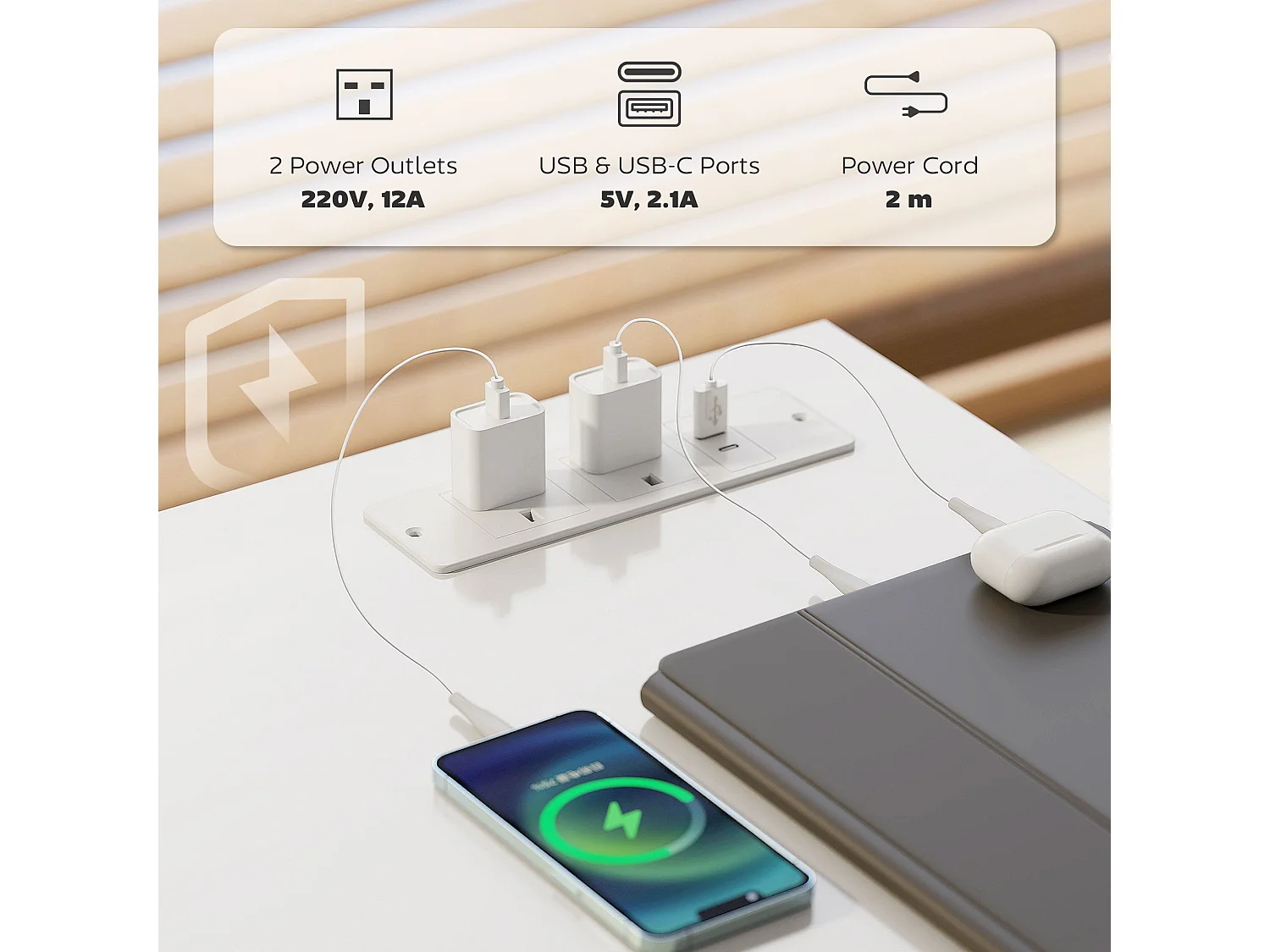 Vima 120cm White Home Office Desk with Integrated Power Sockets