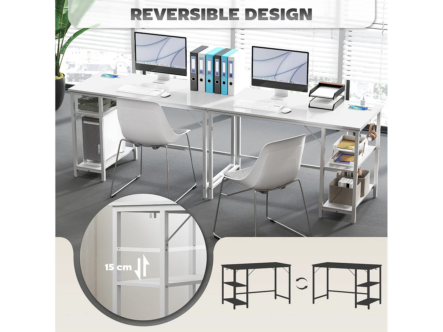 Vima 120cm White Home Office Desk with Integrated Power Sockets