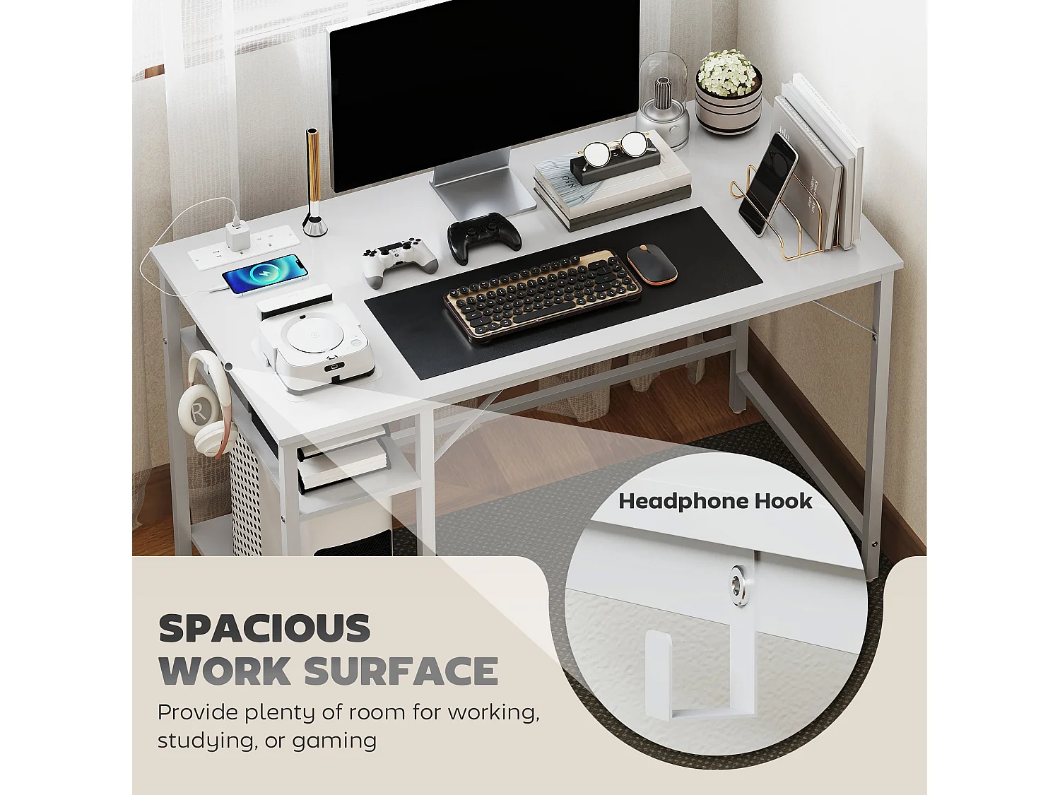 Vima 120cm White Home Office Desk with Integrated Power Sockets