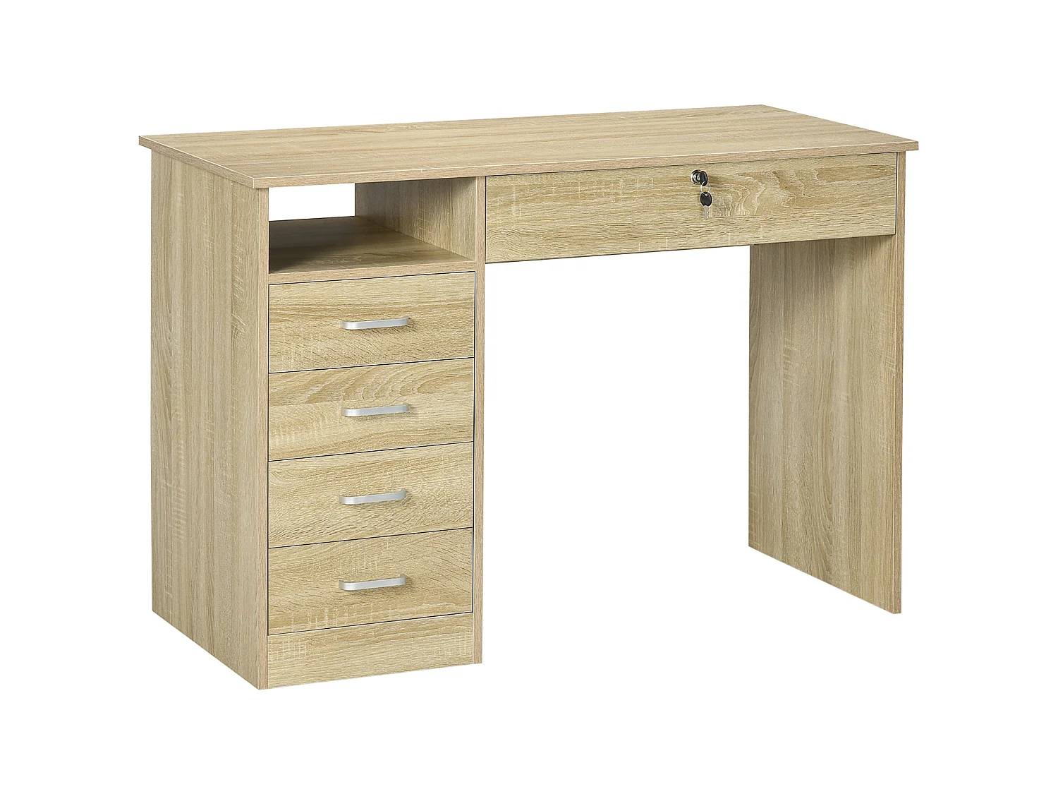 Yodino 110cm Oak Finish Home Office Desk with 5 Drawers and Side Shelf