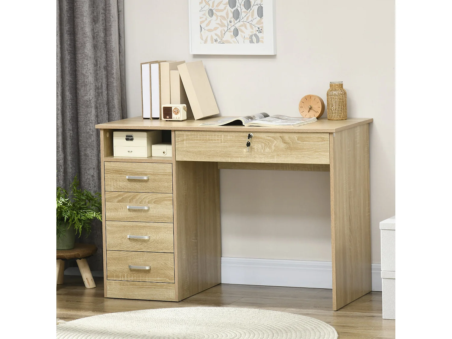 Yodino 110cm Oak Finish Home Office Desk with 5 Drawers and Side Shelf
