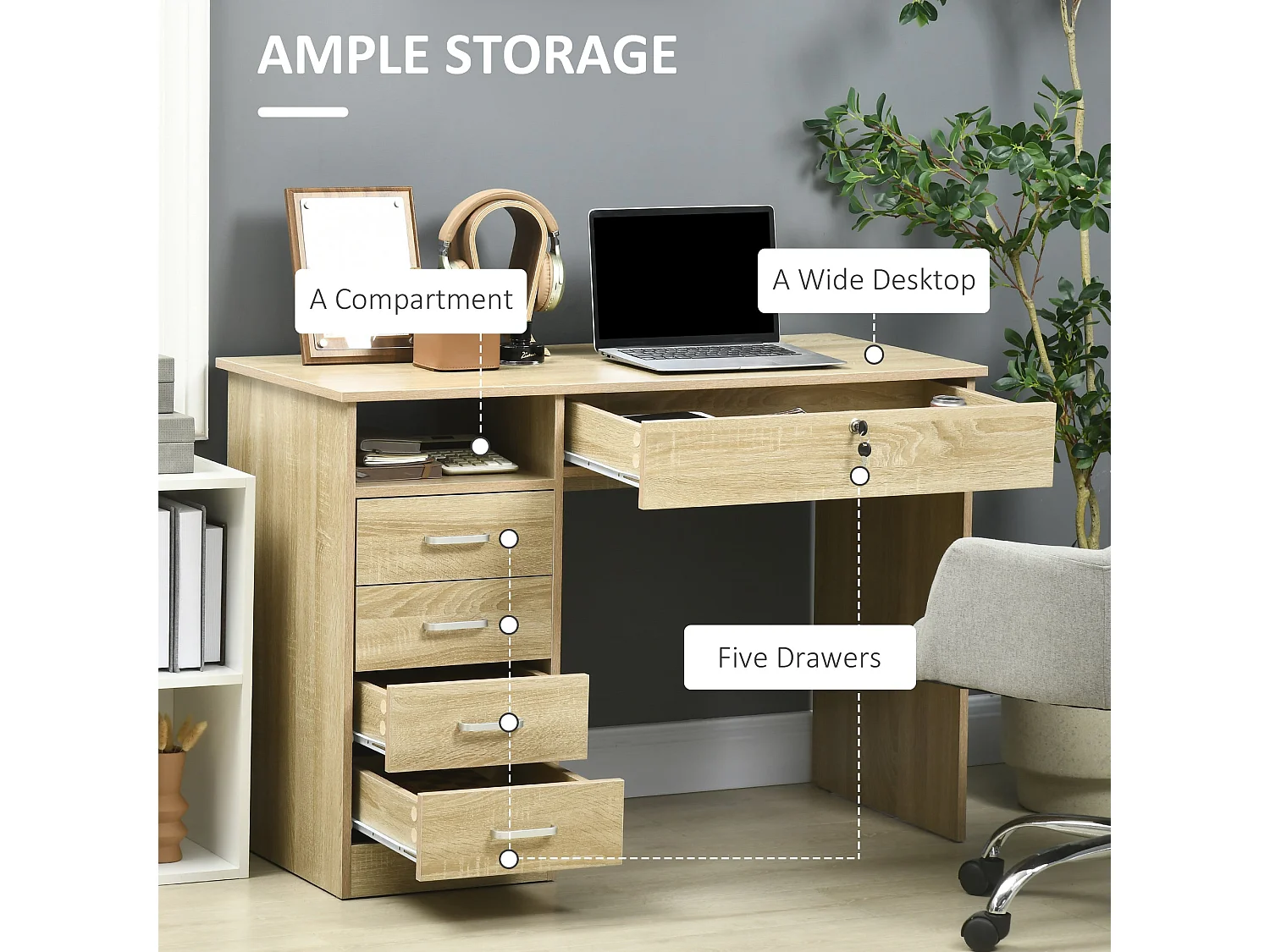 Yodino 110cm Oak Finish Home Office Desk with 5 Drawers and Side Shelf