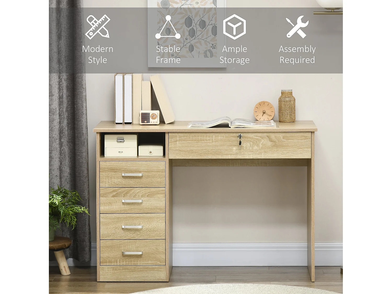 Yodino 110cm Oak Finish Home Office Desk with 5 Drawers and Side Shelf