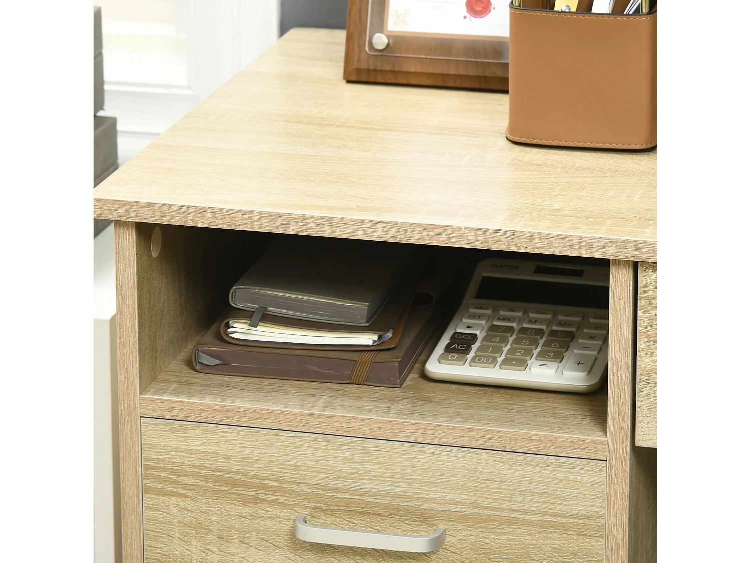 Yodino 110cm Oak Finish Home Office Desk with 5 Drawers and Side Shelf