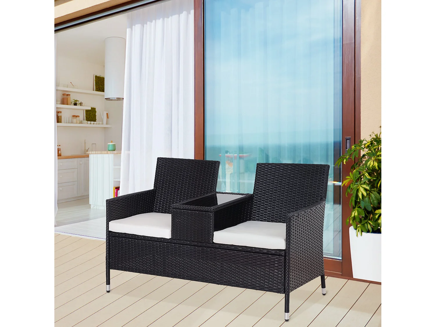 Nole 2 Seater Rattan Chair Set with Central Tea Table Black
