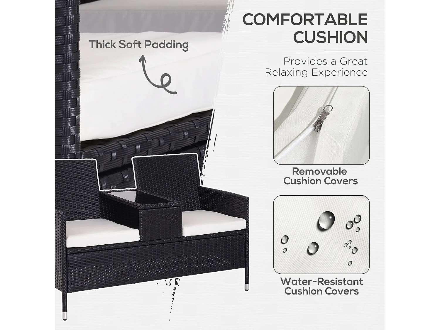 Nole 2 Seater Rattan Chair Set with Central Tea Table Black
