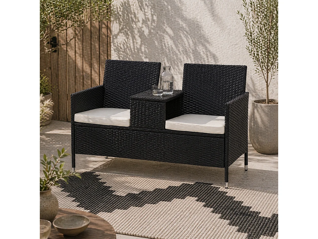 Nole 2 Seater Rattan Chair Set with Central Tea Table Black