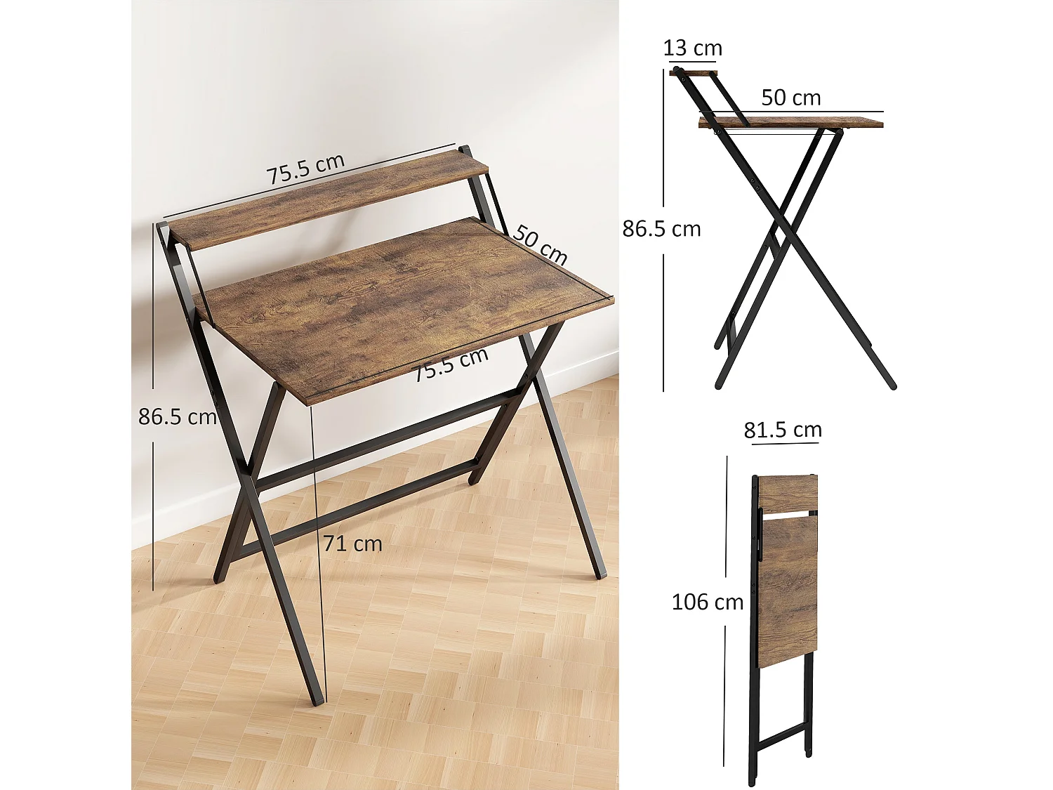 Veeldi 81.5cm Rustic Brown Folding Computer Desk with Raised Monitor Shelf