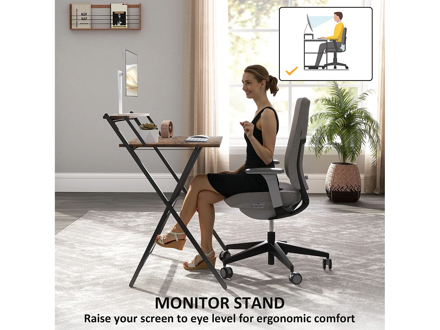 Veeldi 81.5cm Rustic Brown Folding Computer Desk with Raised Monitor Shelf