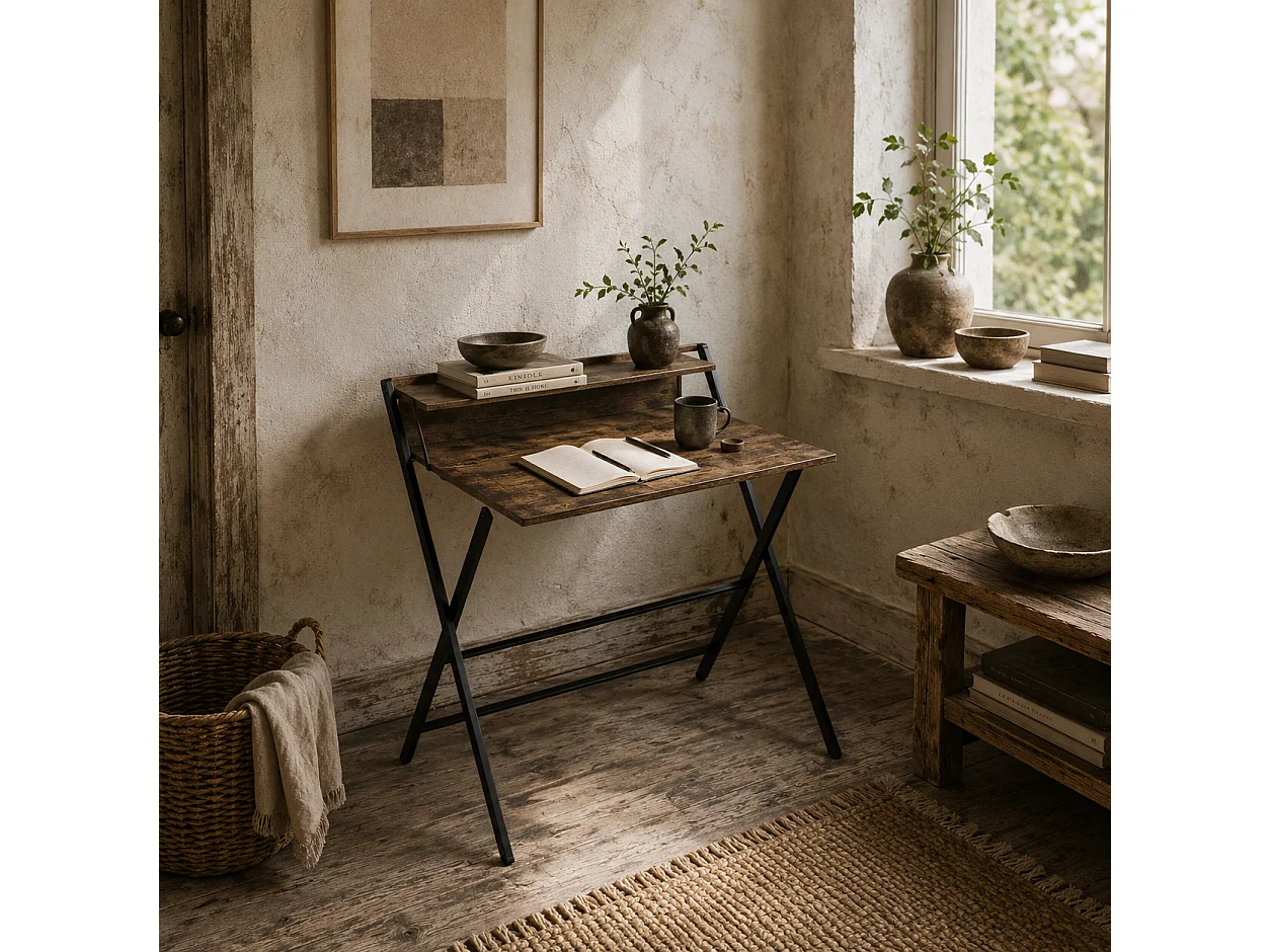 Veeldi 81.5cm Rustic Brown Folding Computer Desk with Raised Monitor Shelf