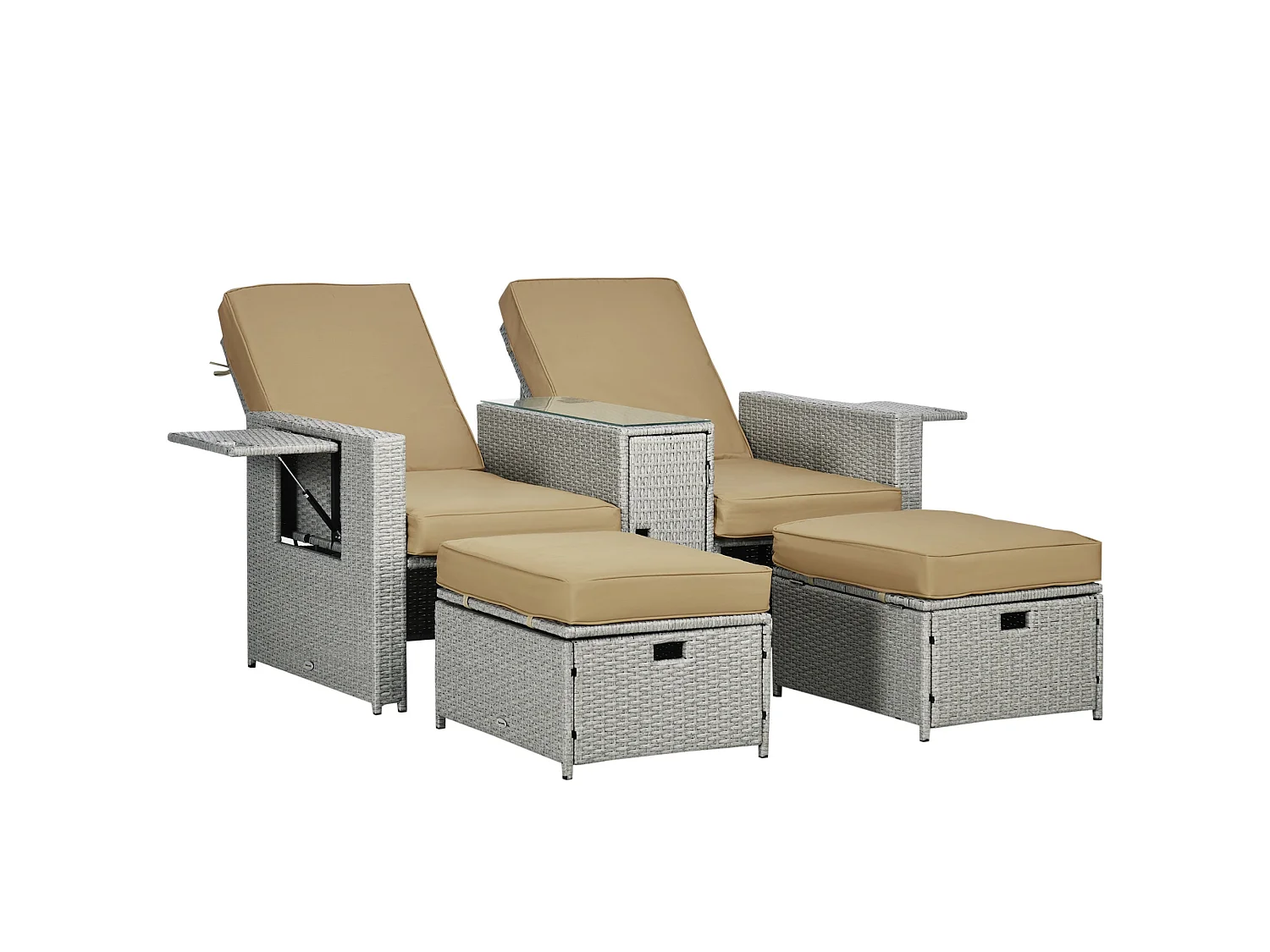Luva 5 Piece Adjustable Faux Rattan Sun Lounger Set Grey and Beige Storage Table and Footstools