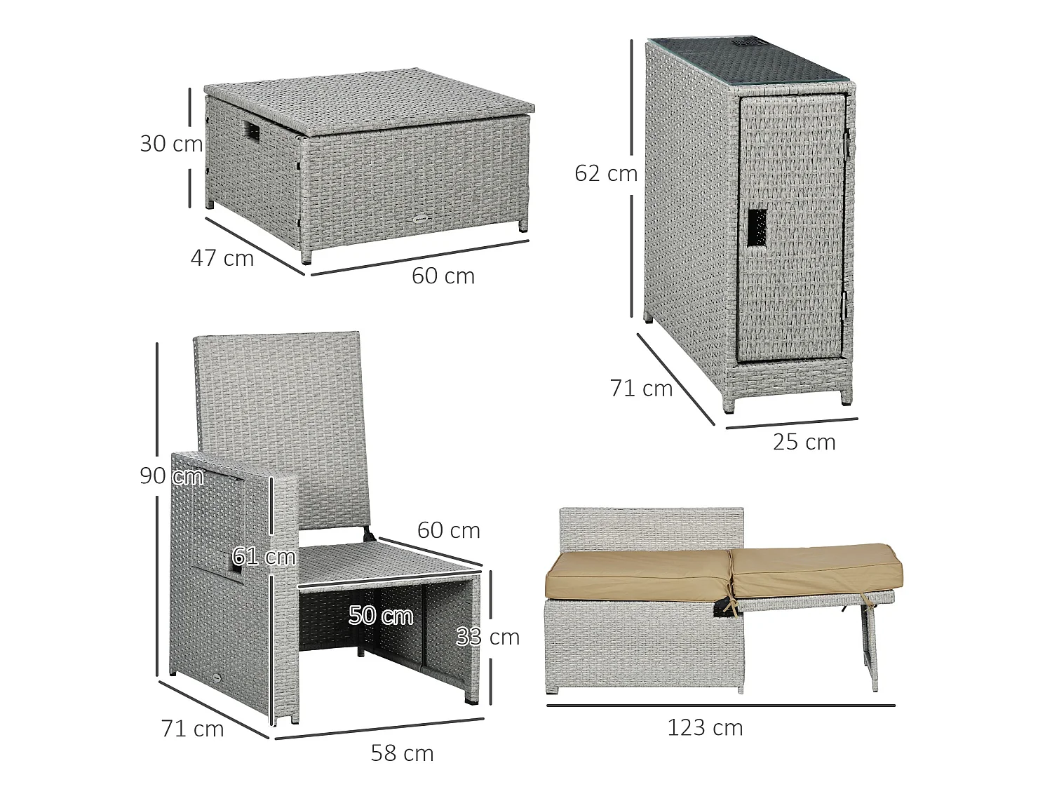 Luva 5 Piece Adjustable Faux Rattan Sun Lounger Set Grey and Beige Storage Table and Footstools