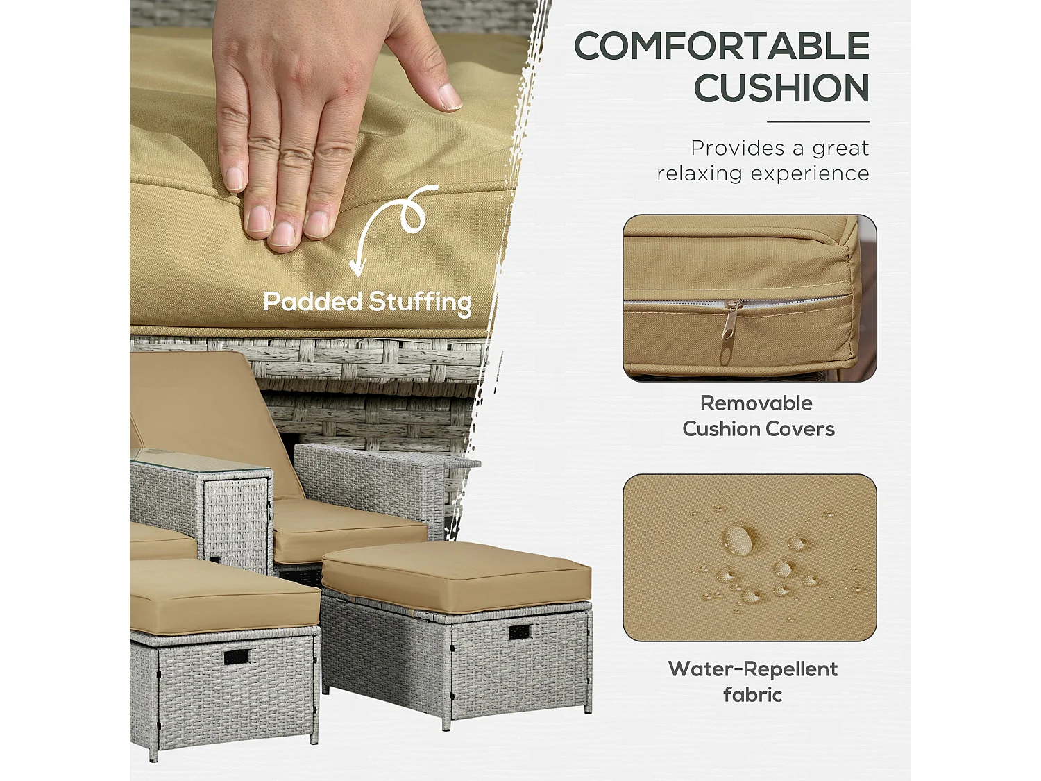 Luva 5 Piece Adjustable Faux Rattan Sun Lounger Set Grey and Beige Storage Table and Footstools