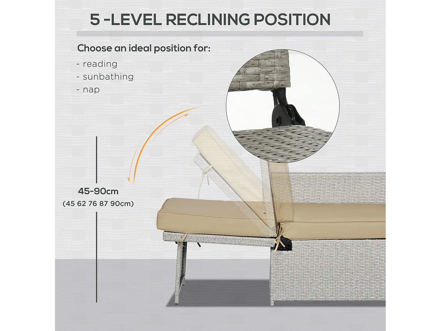 Luva 5 Piece Adjustable Faux Rattan Sun Lounger Set Grey and Beige Storage Table and Footstools