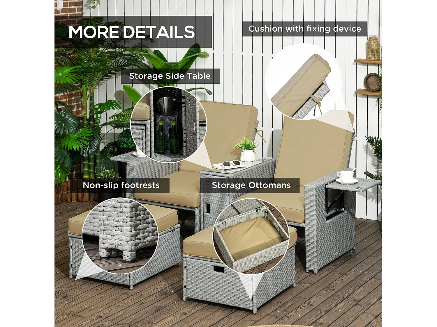 Luva 5 Piece Adjustable Faux Rattan Sun Lounger Set Grey and Beige Storage Table and Footstools