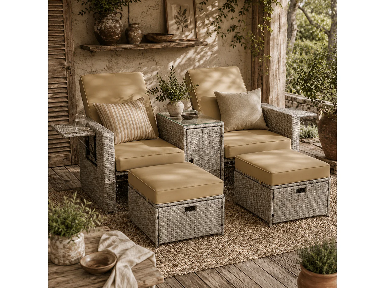 Luva 5 Piece Adjustable Faux Rattan Sun Lounger Set Grey and Beige Storage Table and Footstools