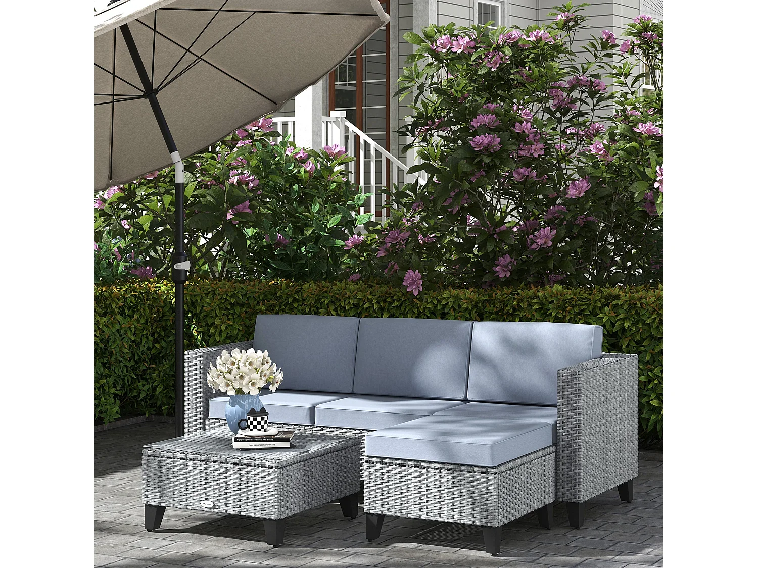 Vasuro Grey 5 Piece Modular Rattan Corner Sofa Set with Glass Coffee Table