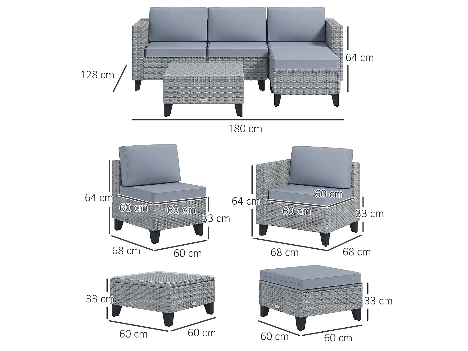 Vasuro Grey 5 Piece Modular Rattan Corner Sofa Set with Glass Coffee Table