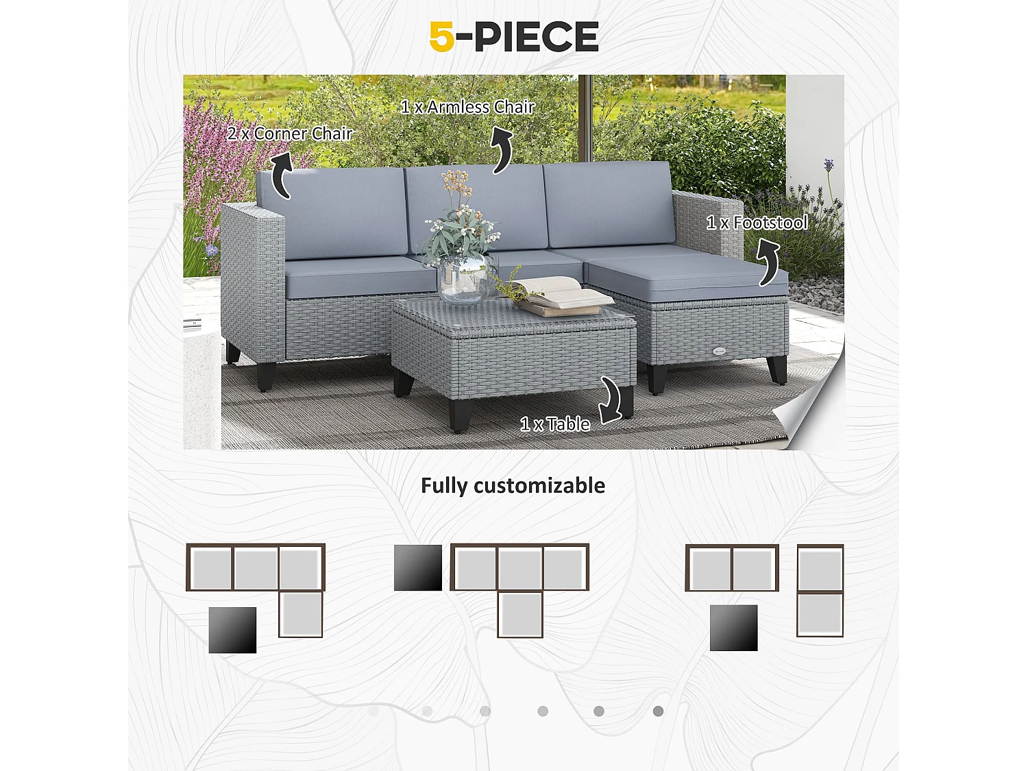 Vasuro Grey 5 Piece Modular Rattan Corner Sofa Set with Glass Coffee Table
