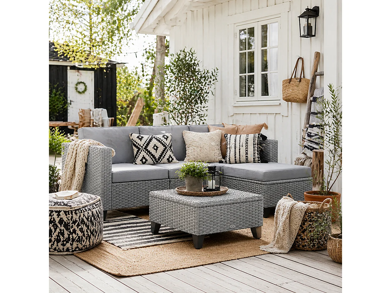 Vasuro Grey 5 Piece Modular Rattan Corner Sofa Set with Glass Coffee Table