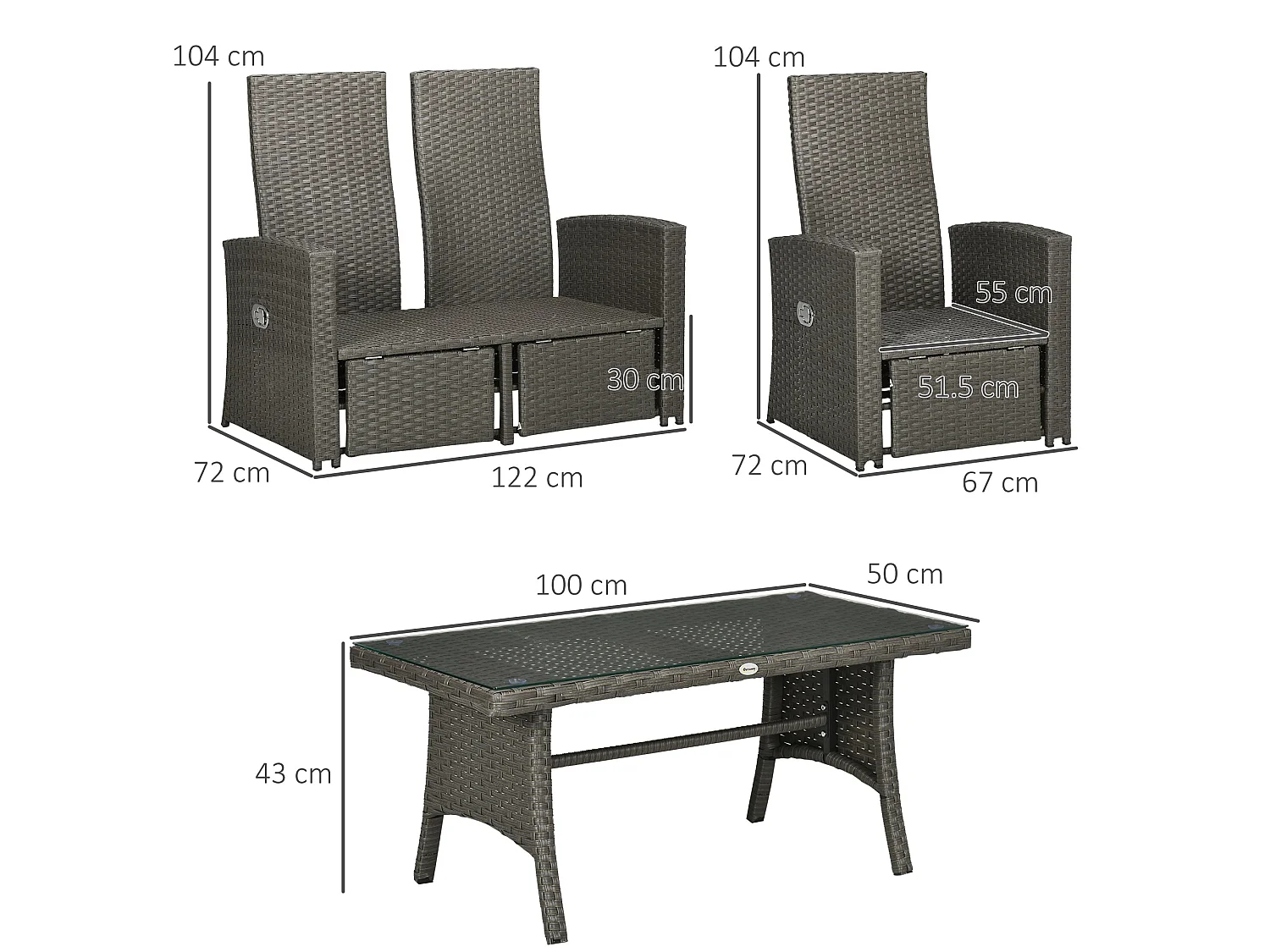 Rayo Grey 4 Seater Rattan Outdoor Sofa Set with Glass Top Table