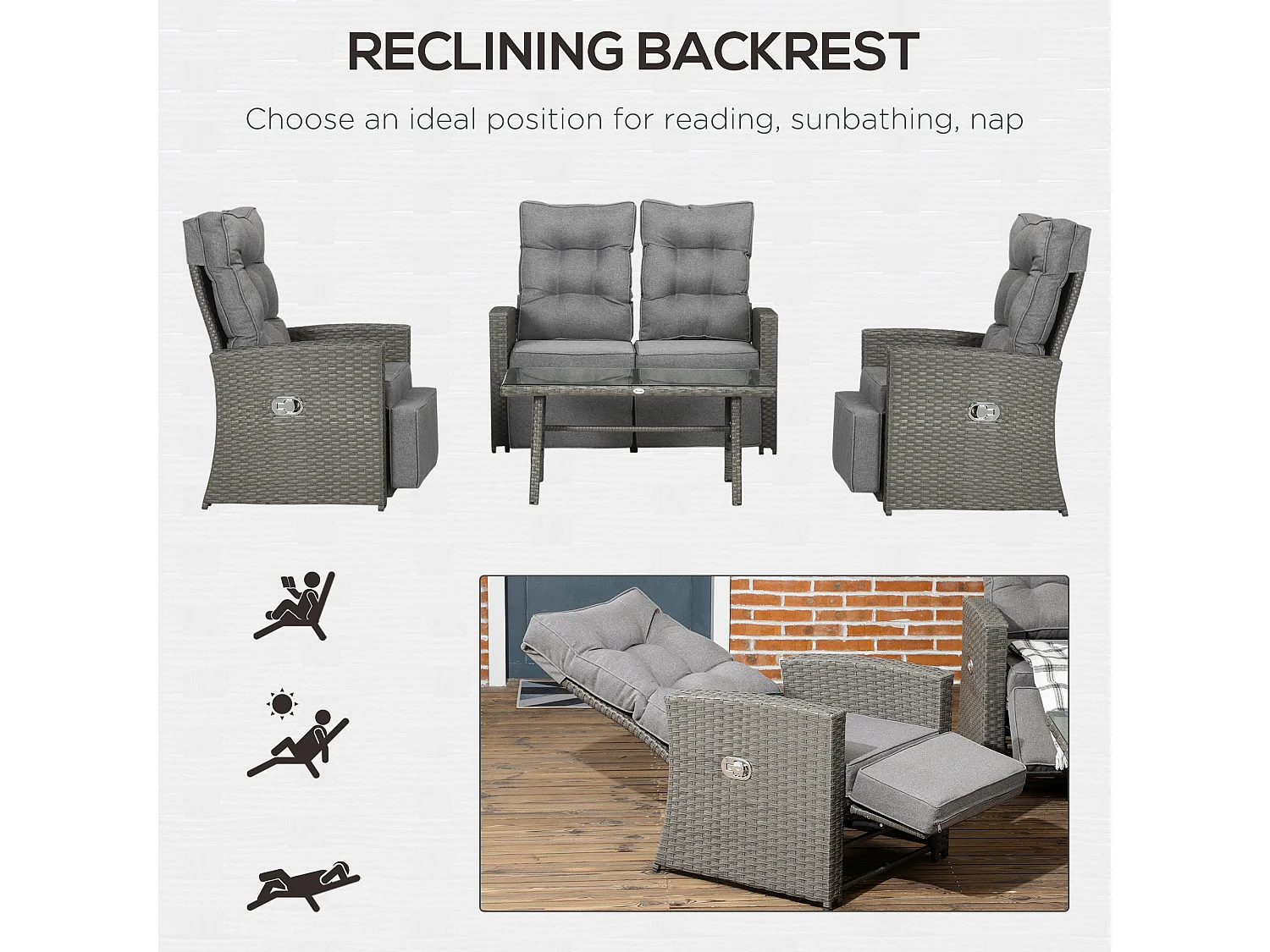 Rayo Grey 4 Seater Rattan Outdoor Sofa Set with Glass Top Table