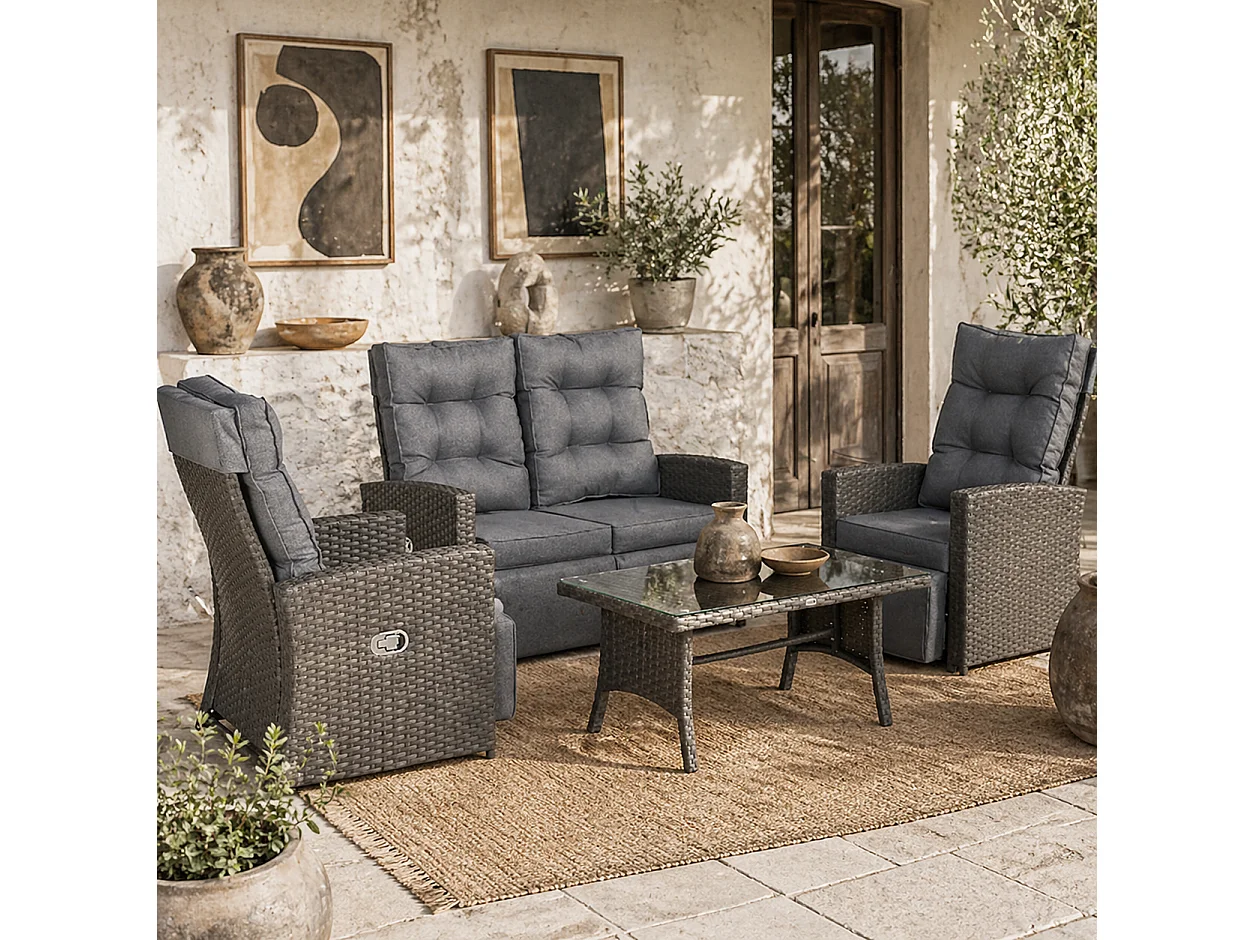 Rayo Grey 4 Seater Rattan Outdoor Sofa Set with Glass Top Table