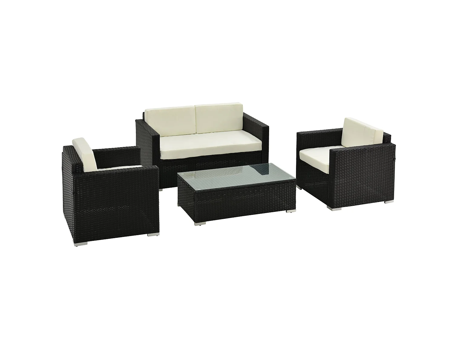 Elrolo 4 Seater Black Rattan Outdoor Sofa Set with White Cushions and Glass Top Coffee Table