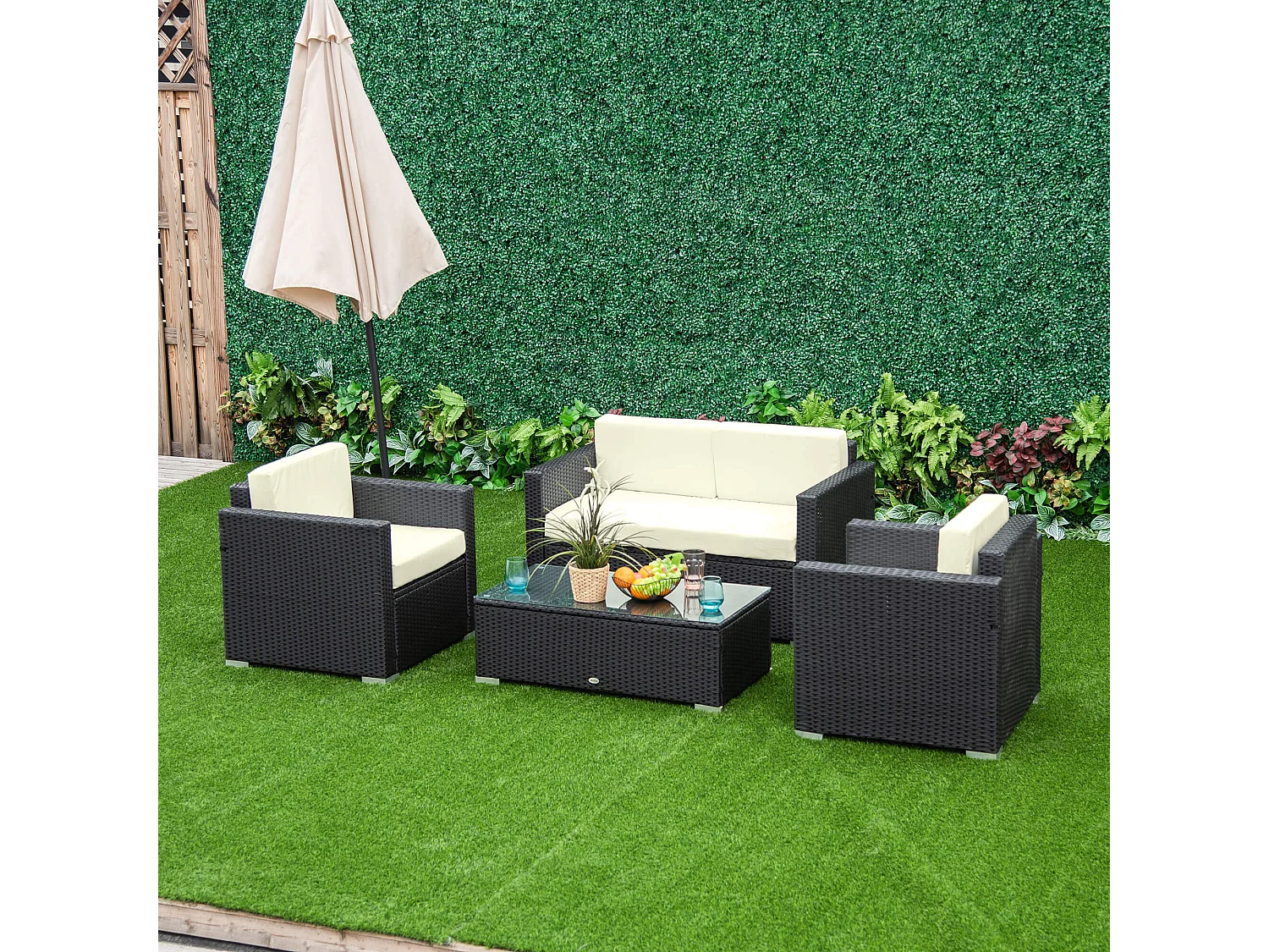 Elrolo 4 Seater Black Rattan Outdoor Sofa Set with White Cushions and Glass Top Coffee Table