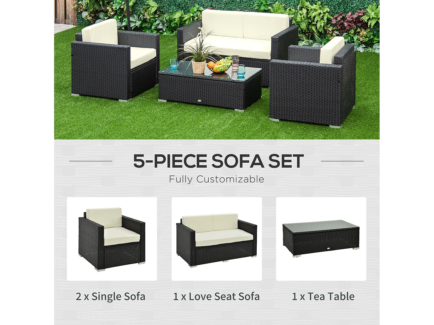 Elrolo 4 Seater Black Rattan Outdoor Sofa Set with White Cushions and Glass Top Coffee Table