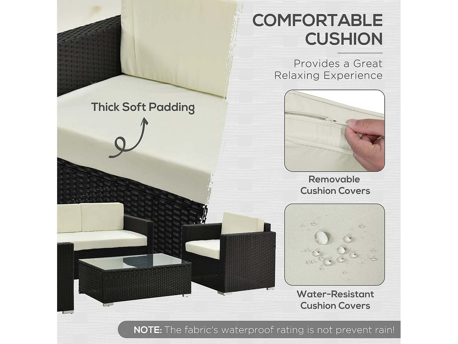 Elrolo 4 Seater Black Rattan Outdoor Sofa Set with White Cushions and Glass Top Coffee Table