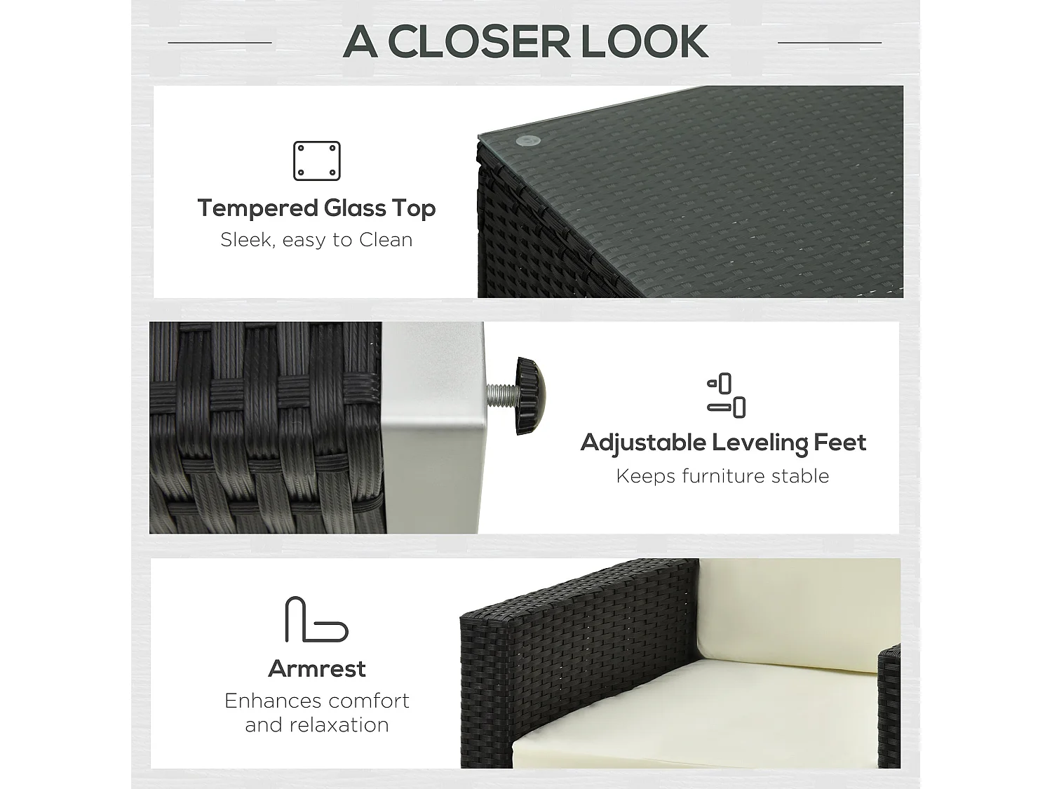 Elrolo 4 Seater Black Rattan Outdoor Sofa Set with White Cushions and Glass Top Coffee Table
