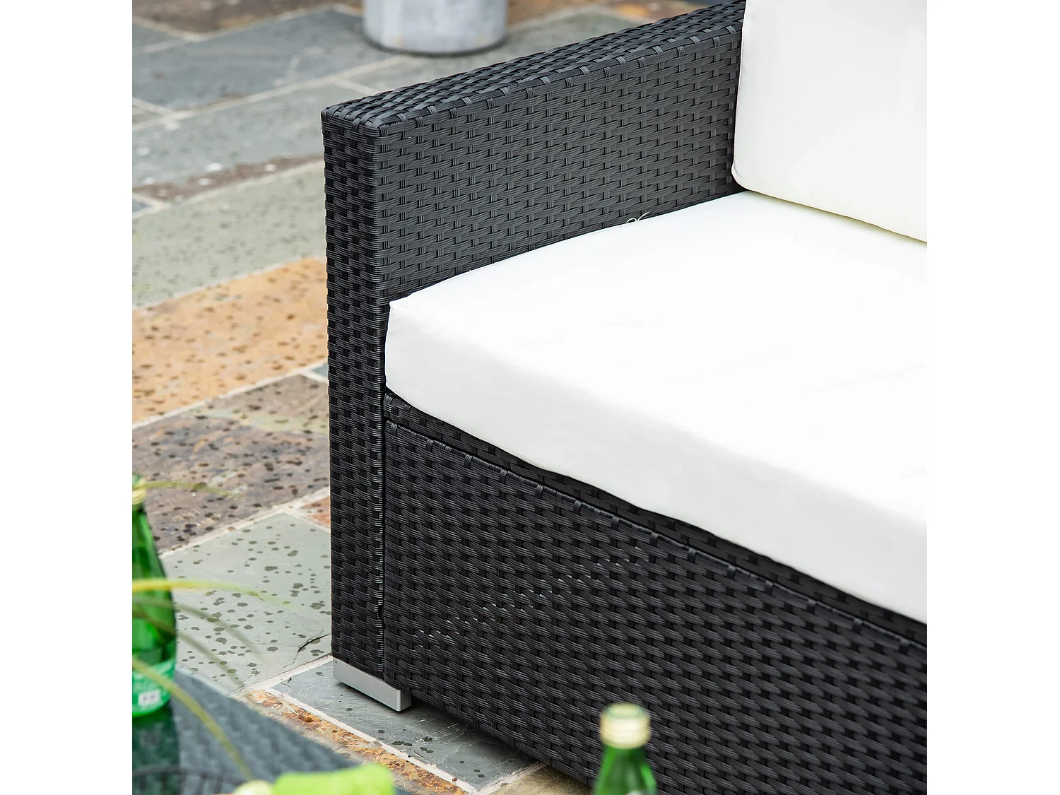 Elrolo 4 Seater Black Rattan Outdoor Sofa Set with White Cushions and Glass Top Coffee Table