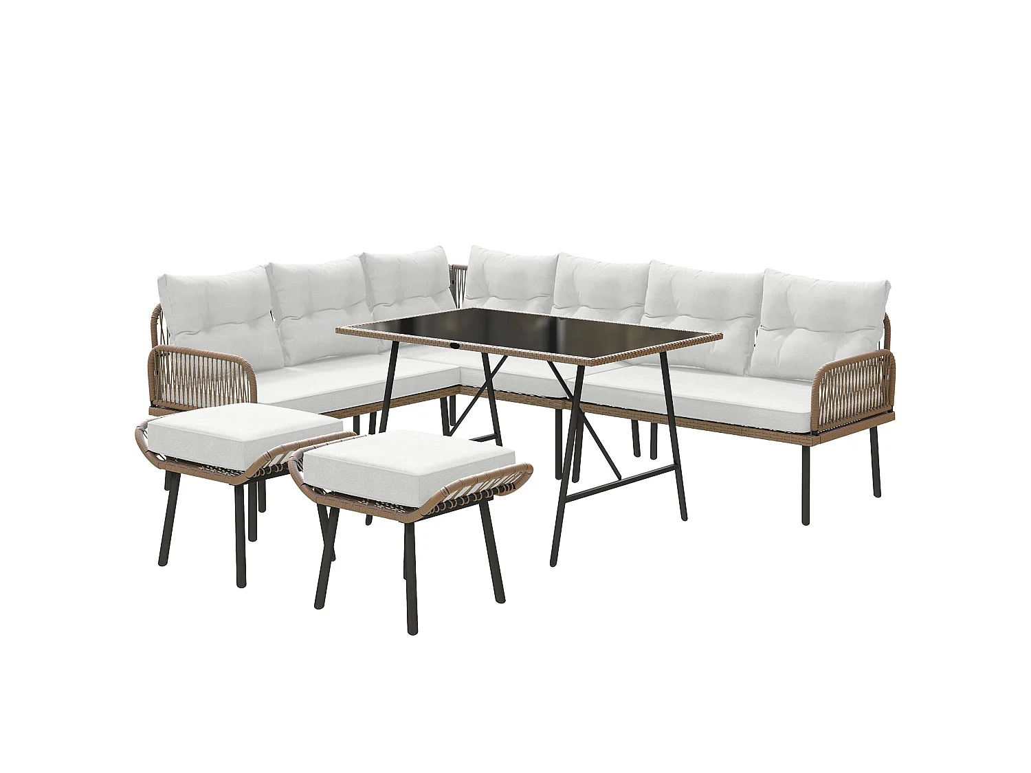 Sacoel Modular 6 Piece Natural PE Rattan Outdoor Corner Sofa Set with Glass Table