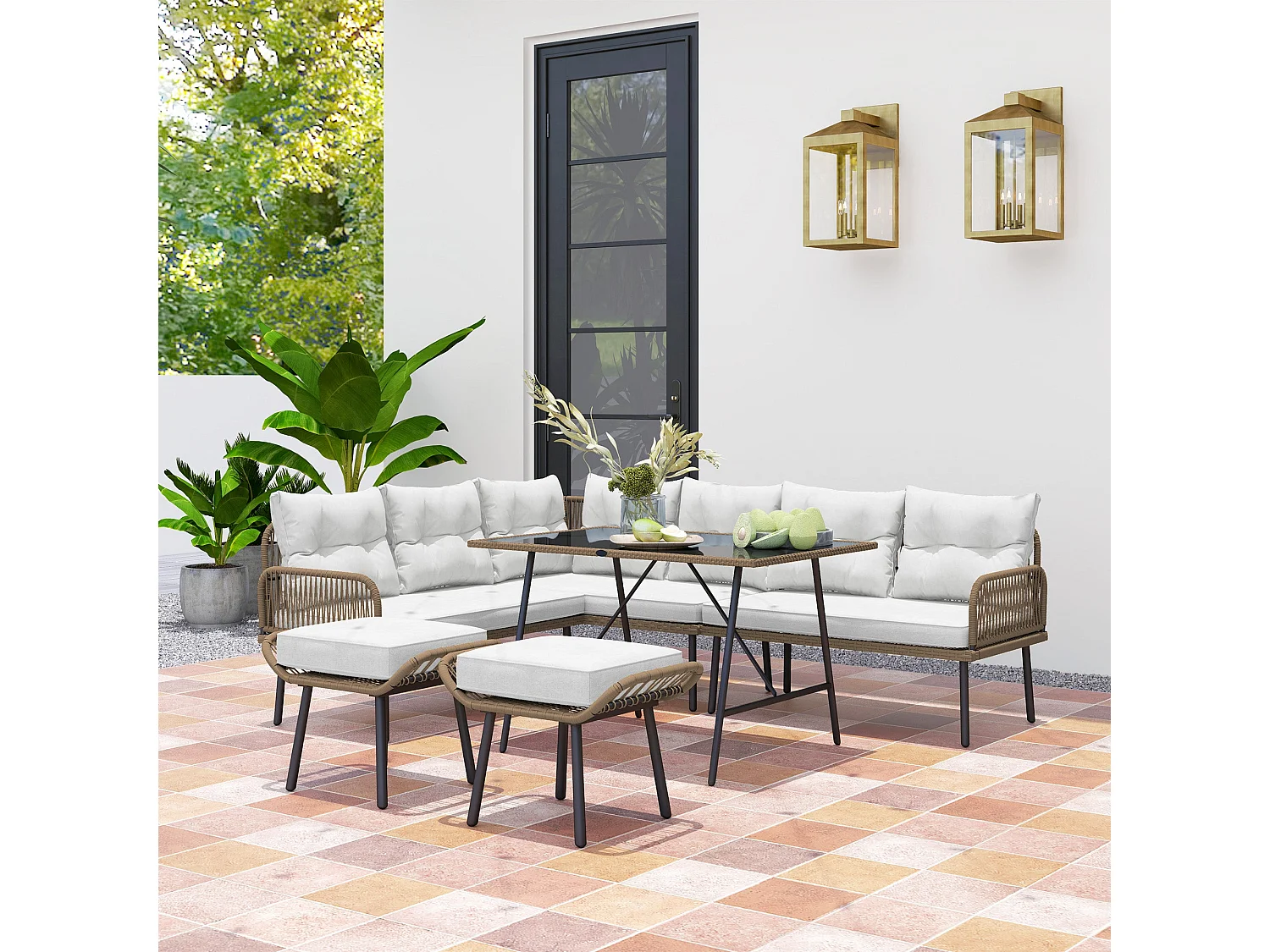Sacoel Modular 6 Piece Natural PE Rattan Outdoor Corner Sofa Set with Glass Table
