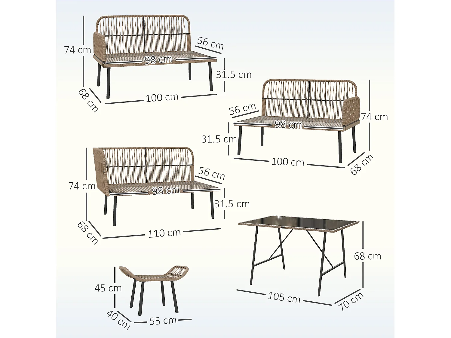 Sacoel Modular 6 Piece Natural PE Rattan Outdoor Corner Sofa Set with Glass Table