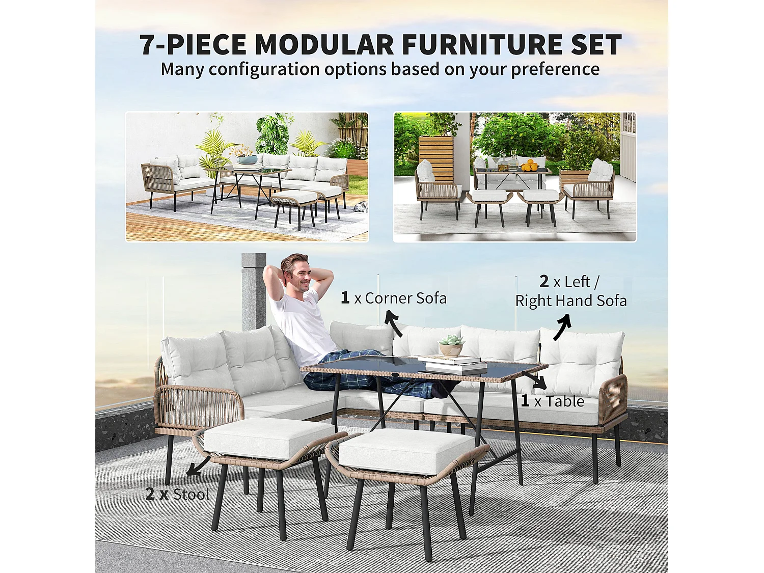 Sacoel Modular 6 Piece Natural PE Rattan Outdoor Corner Sofa Set with Glass Table
