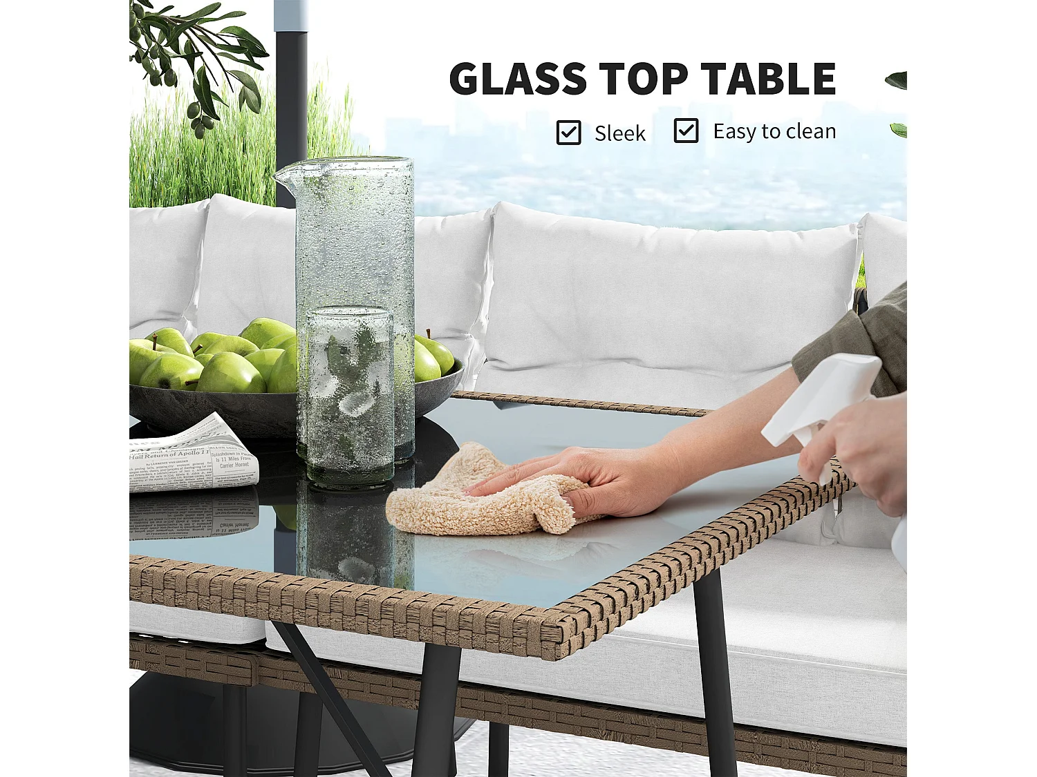 Sacoel Modular 6 Piece Natural PE Rattan Outdoor Corner Sofa Set with Glass Table