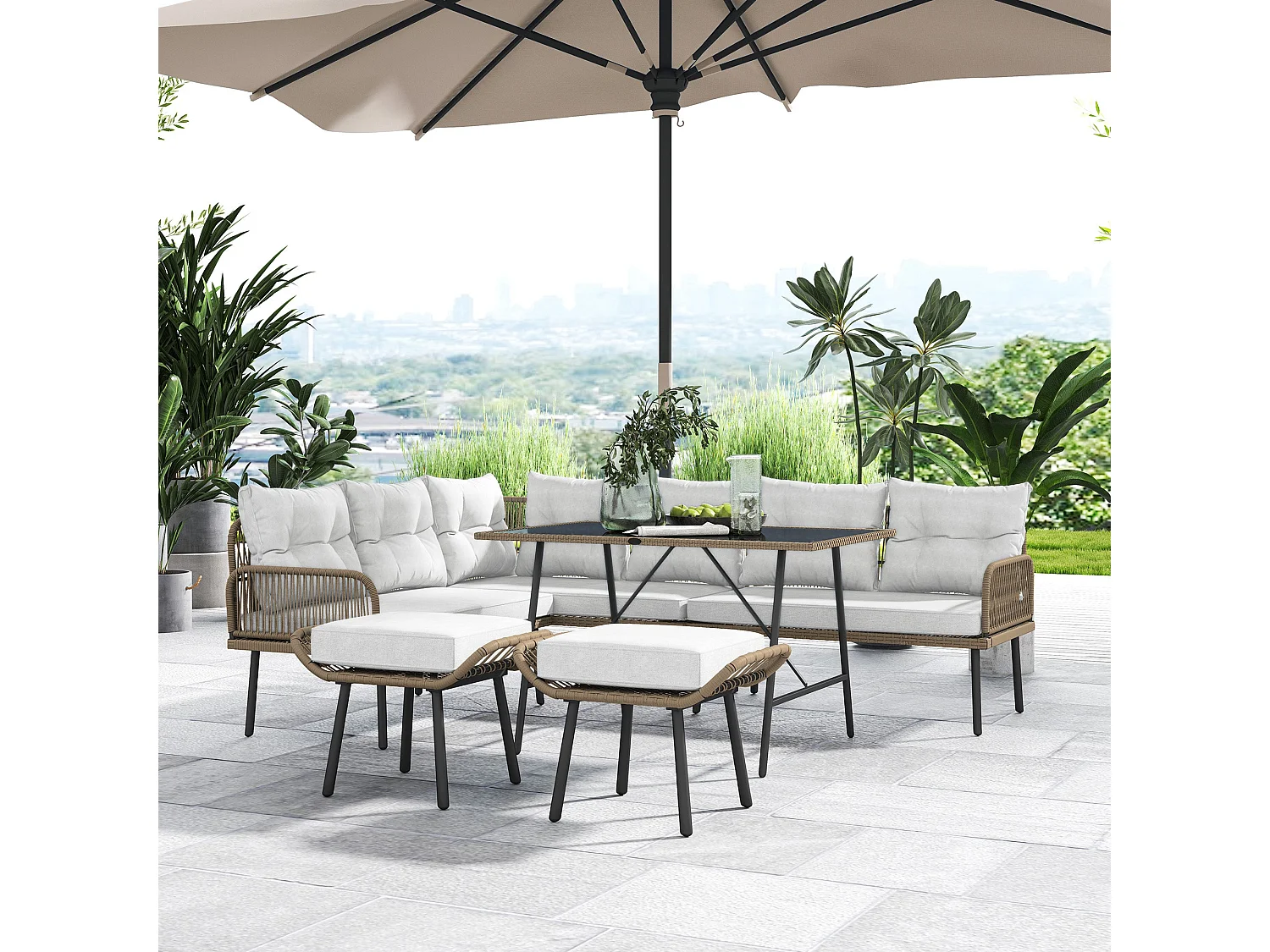 Sacoel Modular 6 Piece Natural PE Rattan Outdoor Corner Sofa Set with Glass Table