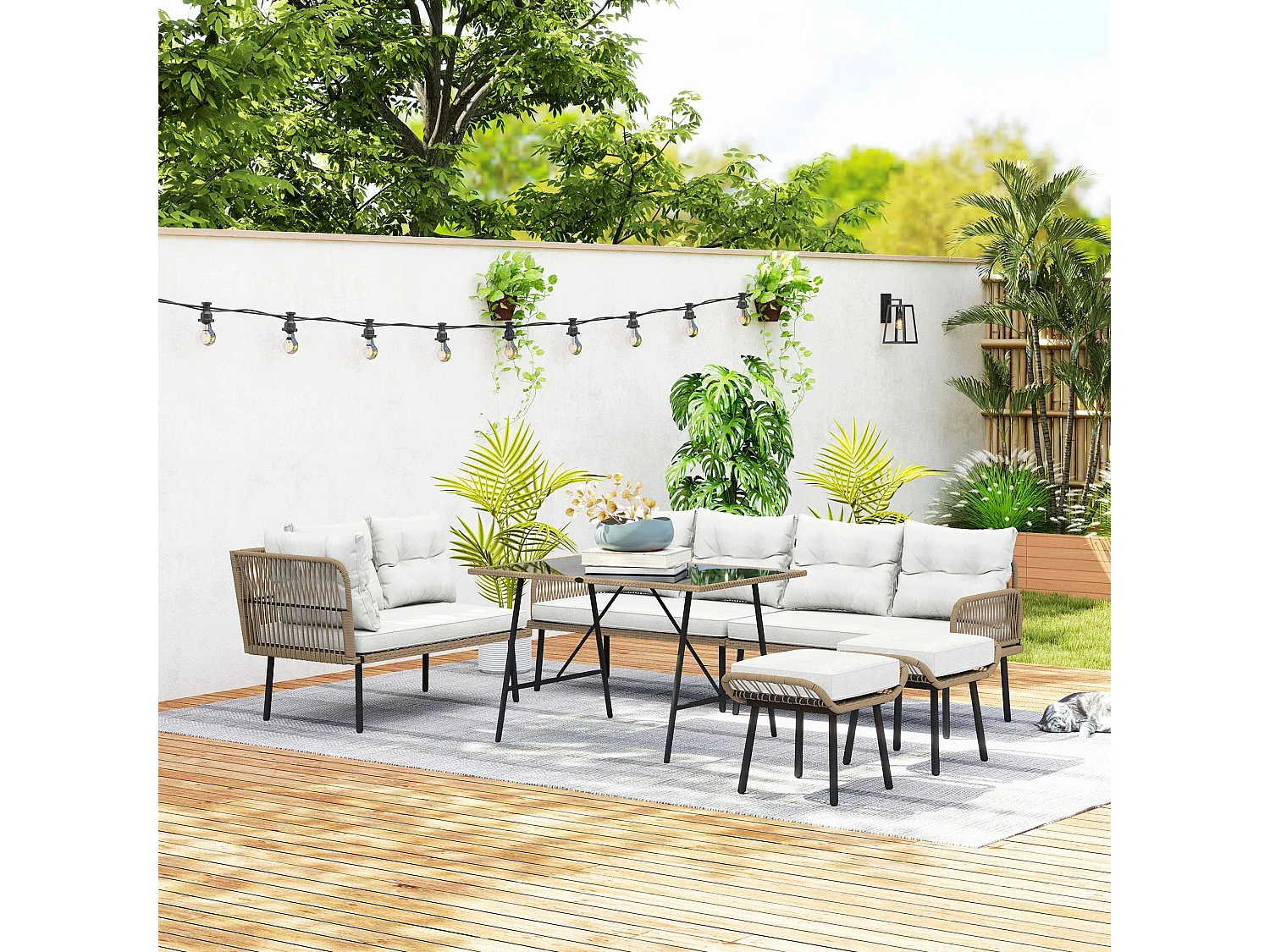Sacoel Modular 6 Piece Natural PE Rattan Outdoor Corner Sofa Set with Glass Table