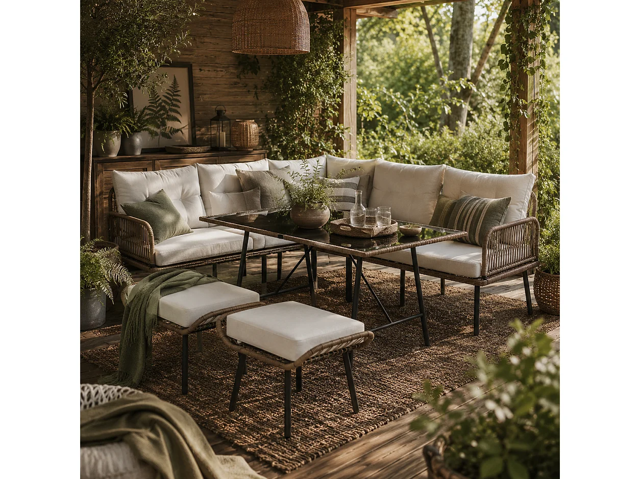 Sacoel Modular 6 Piece Natural PE Rattan Outdoor Corner Sofa Set with Glass Table