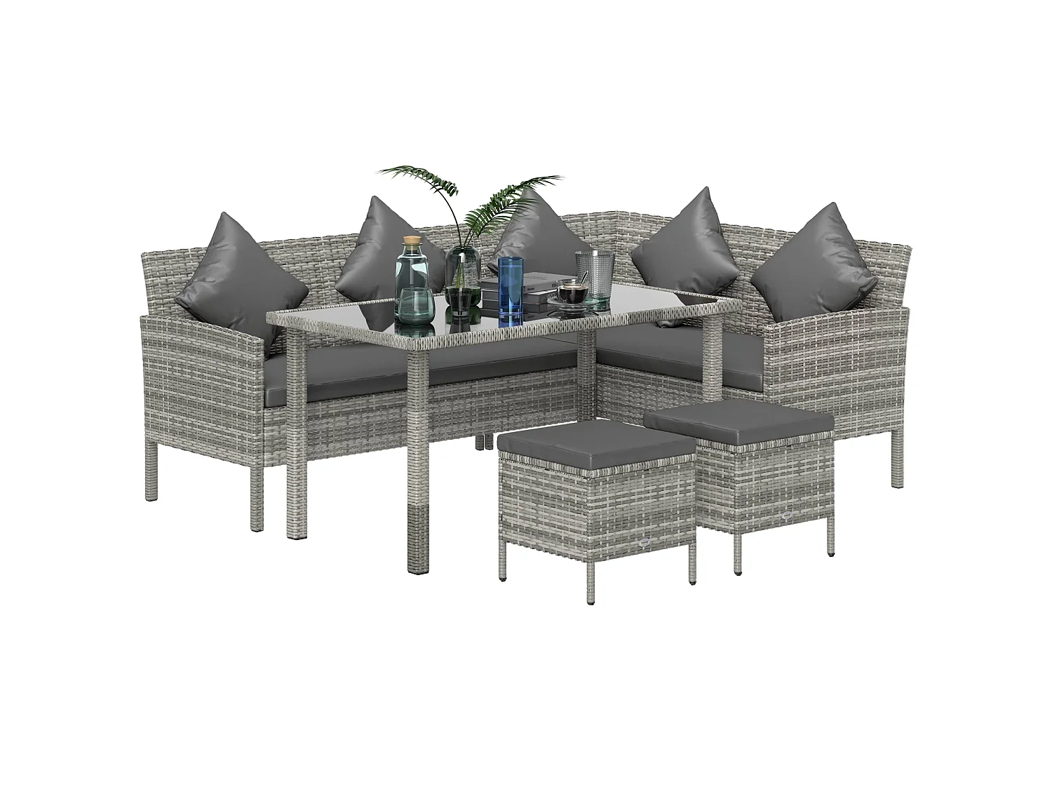 Coha 6 Seater Rattan Outdoor Dining and Sofa Set with Table Footstools and Cushions