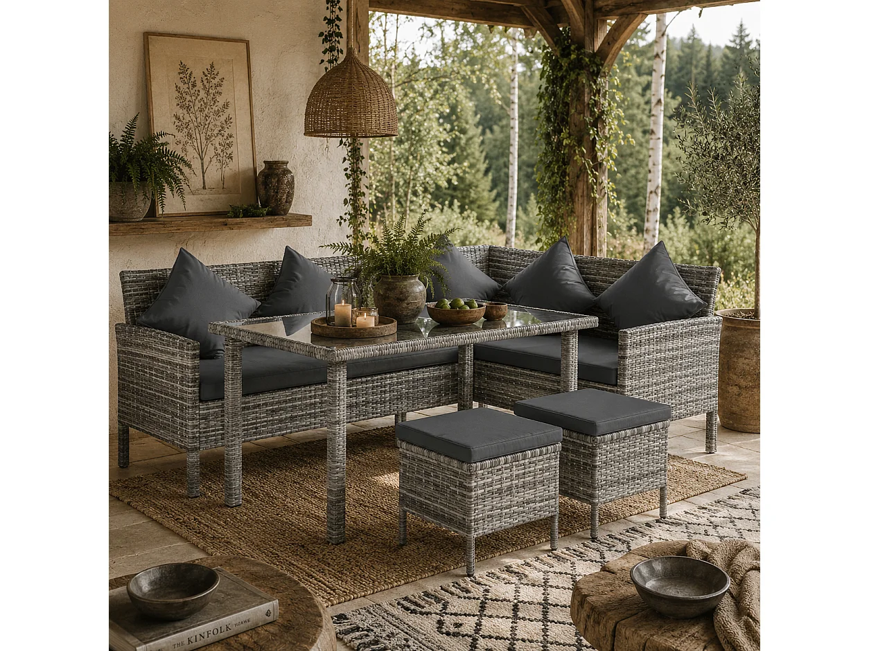 Coha 6 Seater Rattan Outdoor Dining and Sofa Set with Table Footstools and Cushions