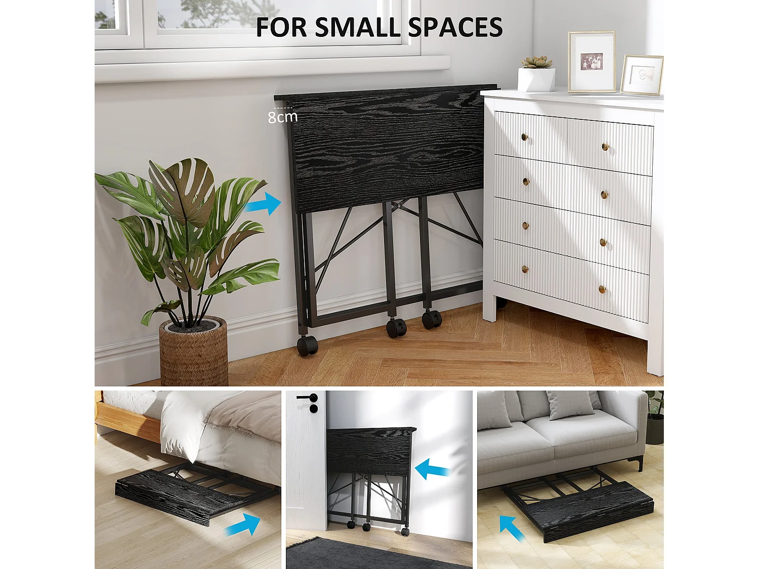Ziyozi 80cm Black Folding Desk on Lockable Wheels