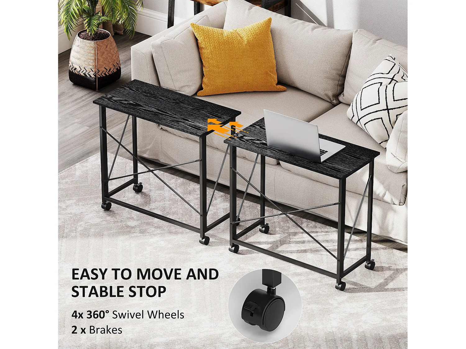 Ziyozi 80cm Black Folding Desk on Lockable Wheels