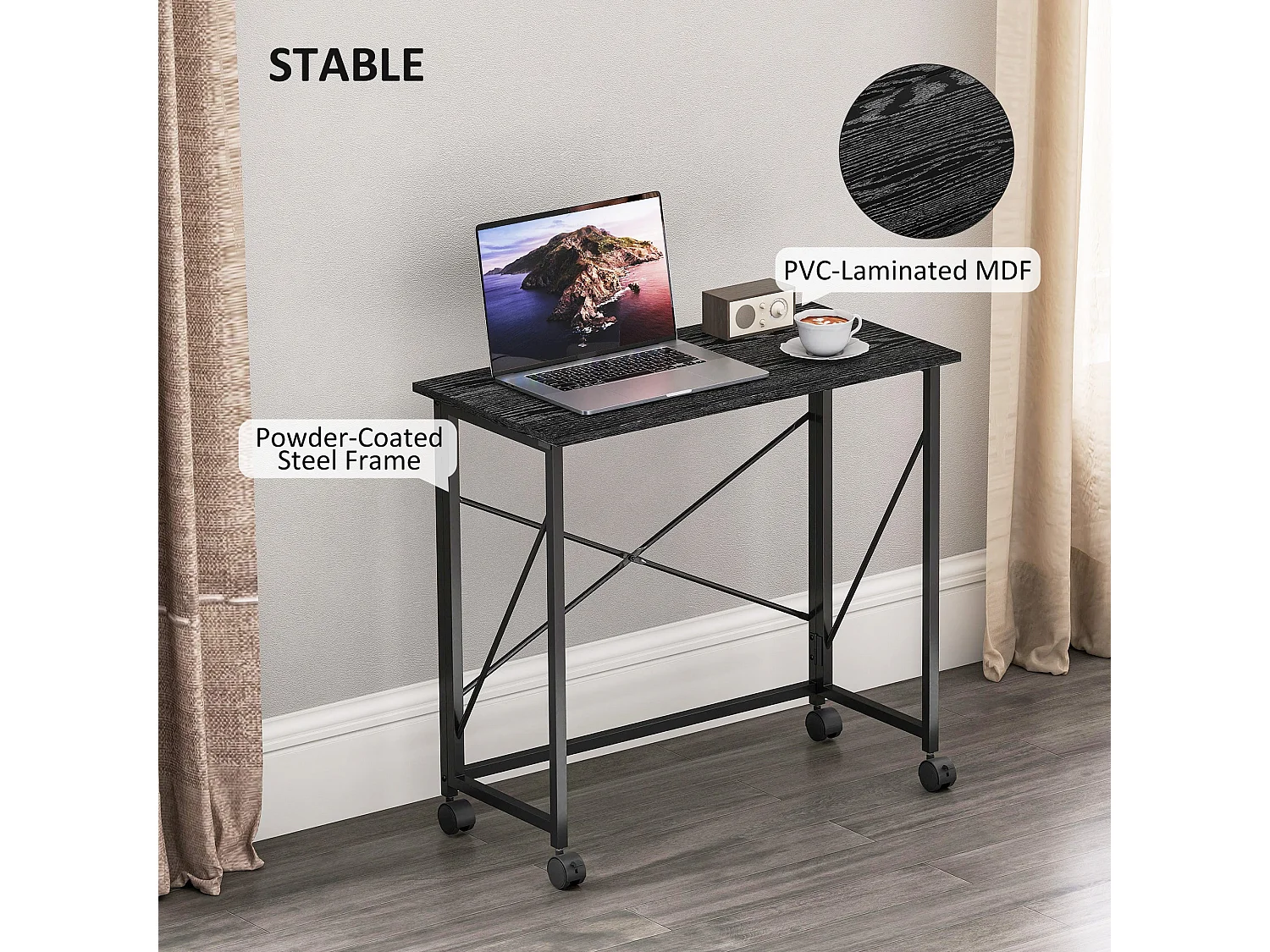 Ziyozi 80cm Black Folding Desk on Lockable Wheels