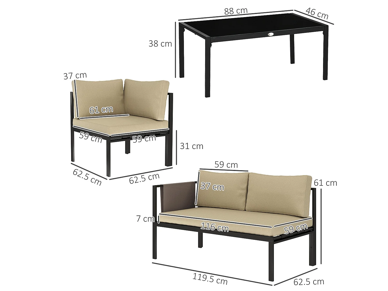 Cichetti 5 Seater Corner Garden Sofa Set with Glass Top Coffee Table and Cushions